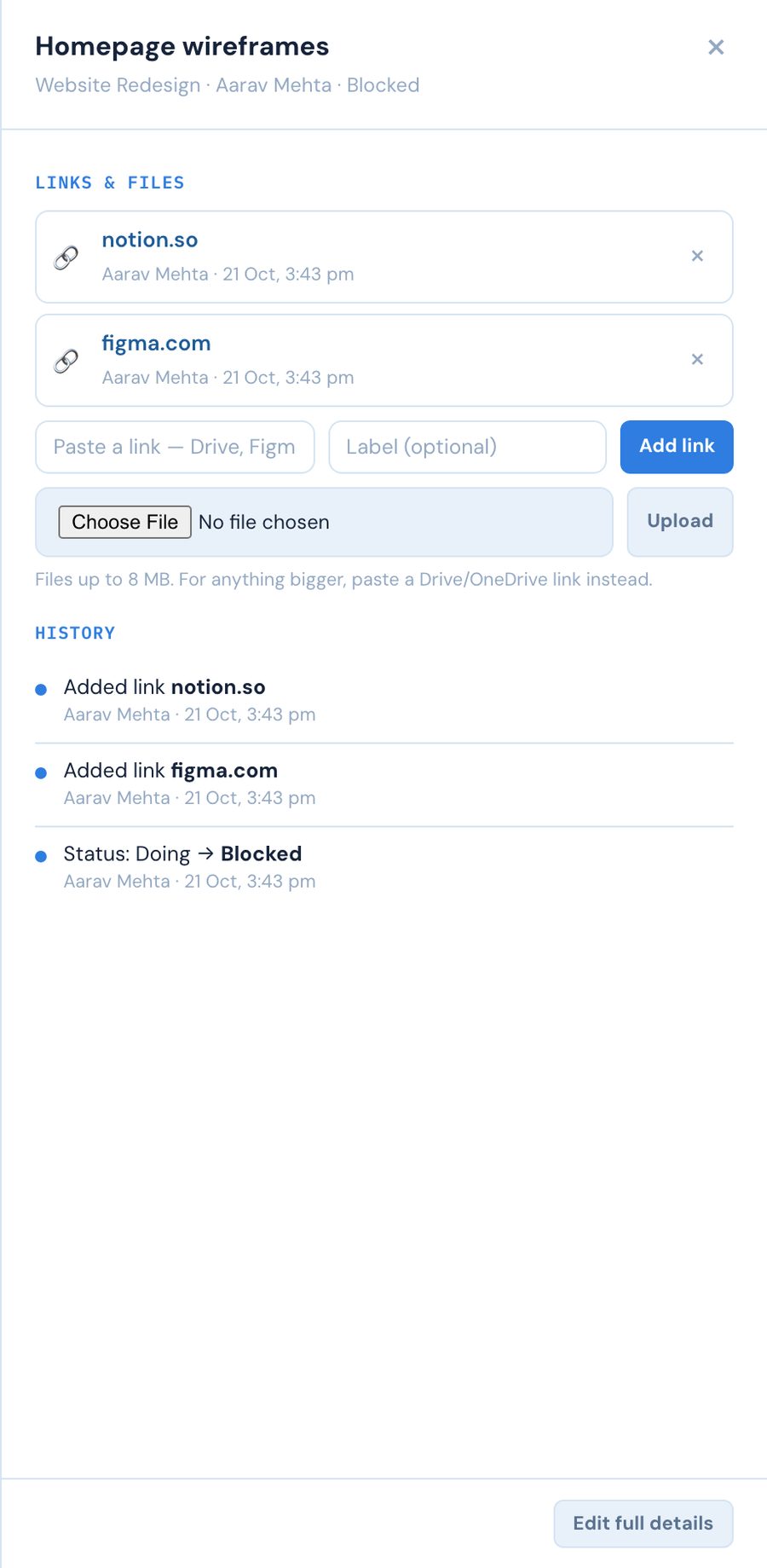 A Bridge X task details panel with links and files, status history and the reason a task is blocked