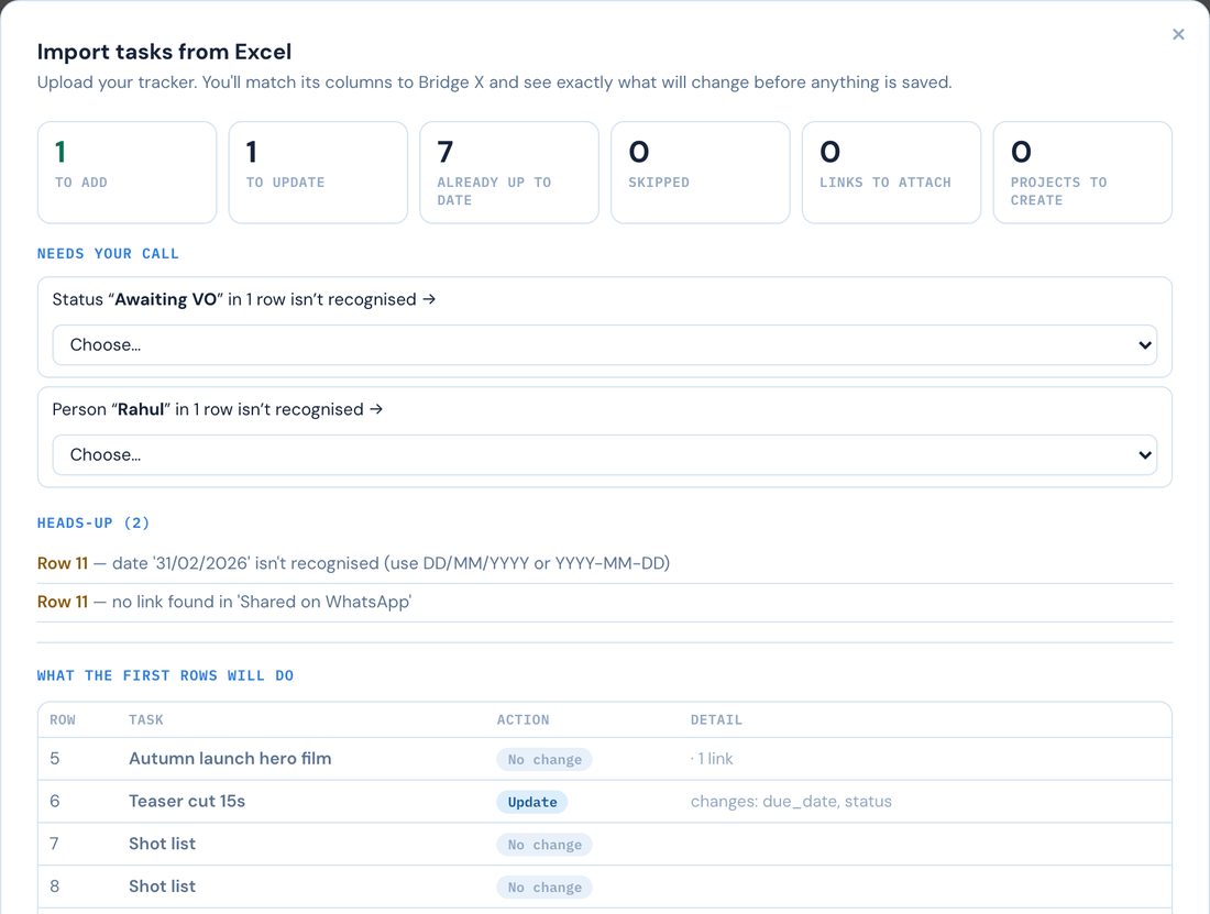 The Bridge X import preview showing rows to add, update and skip, with unrecognised statuses and names to map